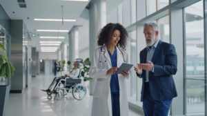 Une jeune femme médecin en blouse blanche et stéthoscope montre une tablette à un homme d'affaires senior en costume bleu dans un couloir d'hôpital moderne et vitré, discutant de collaboration et de projets de mobilité professionnelle. À l'arrière-plan, une personne en fauteuil roulant