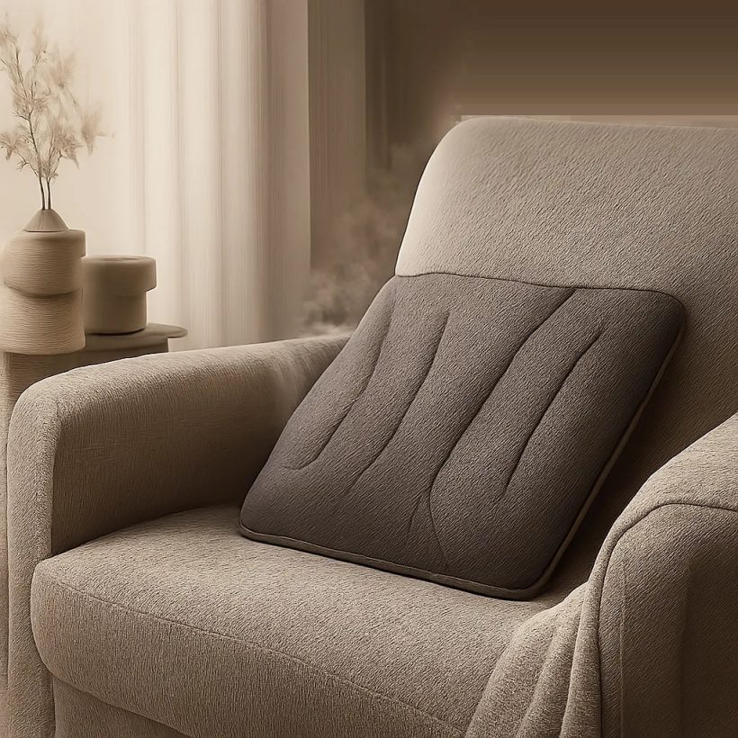Une illustration premium montrant un coussin chauffant utilisé pour apporter une chaleur localisée et confortable. L’image évoque le soulagement ciblé, la simplicité d’usage et l’ambiance hivernale.