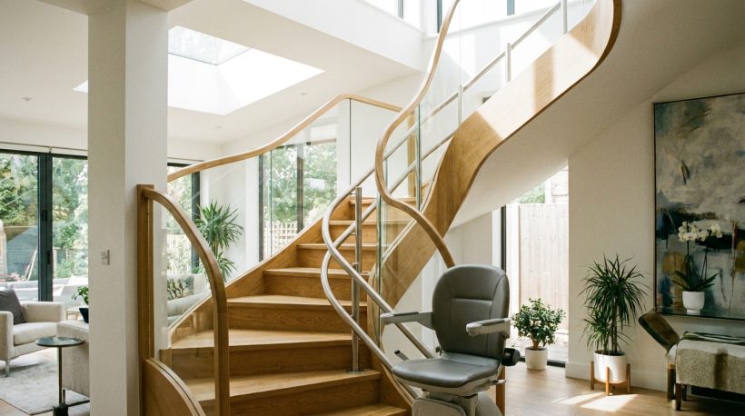 Monte-escalier moderne sur un escalier tournant, maison lumineuse